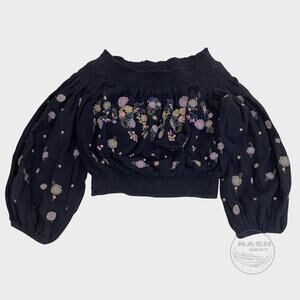 Free People Navy Saachi Smocked Crop Top S | Navy Floral Peasant Blouse